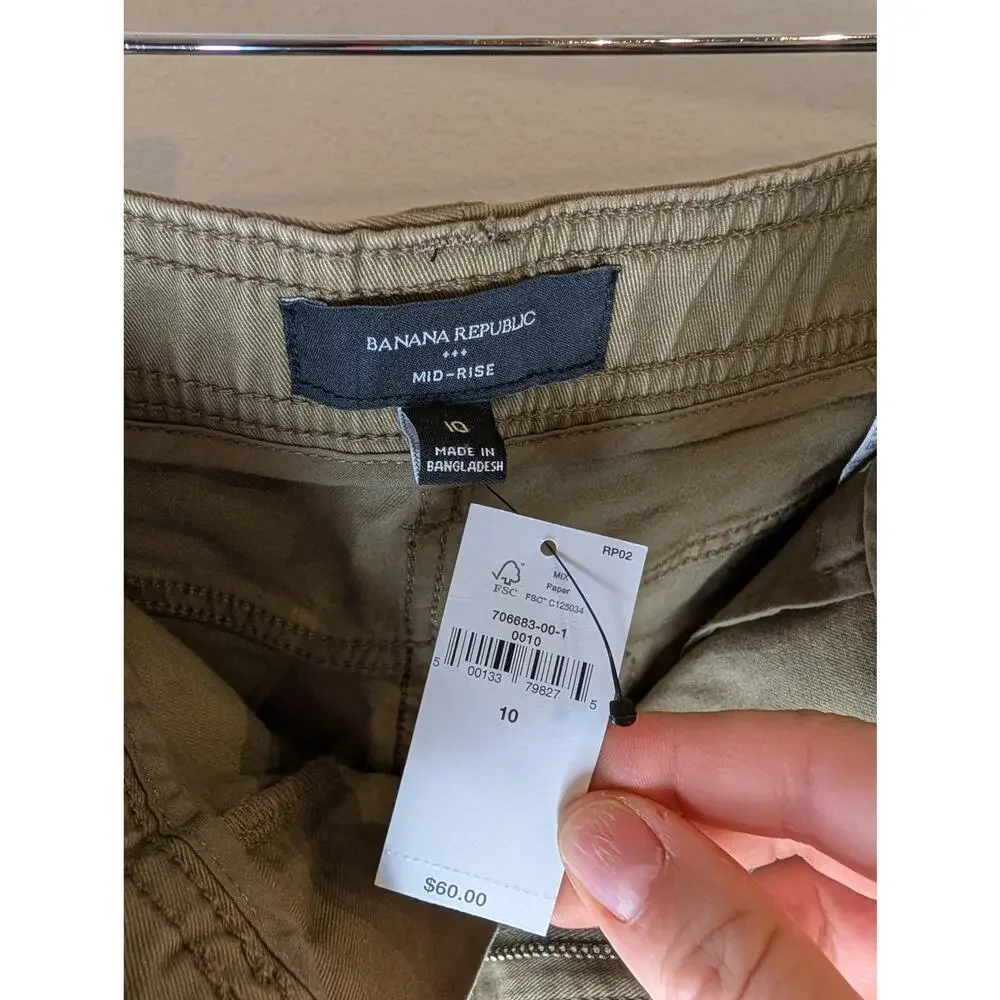 NWT Banana Republic Mid Rise Chino Shorts Olive Khaki Utility Size 10